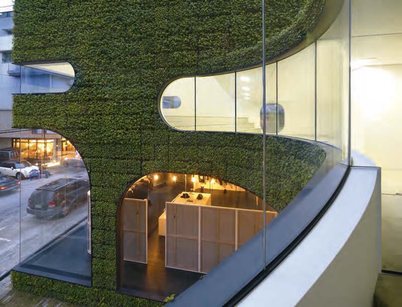 Vista dall’interno del primo piano, della connessione tra facciata vegetata e chiusure trasparenti