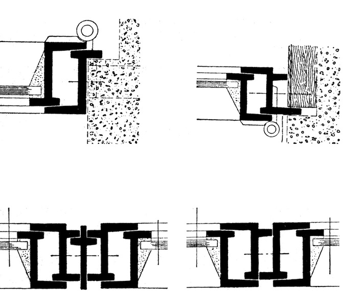 Profilati per serramenti in ferro finestra (Disegno da G. Carbonara, Restauro architettonico, vol. 10, UTET, Torino, 2008)