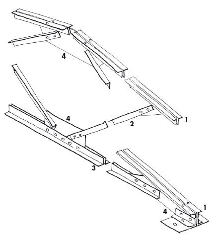 Spaccato assonometrico di capriata in acciaio. Legenda: 1. puntone; 2. diagonale; 3. catena; 4. fazzoletto. 