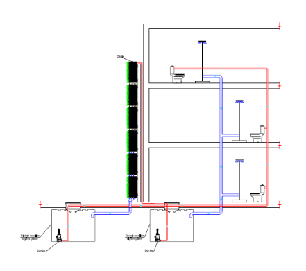 Vivers Ter, Babylon: sistema per fitodepurazione integrata alle chiusure edilizie verticali. Schema di funzionamento: all’interno della chiusura vegetata viene introdotta l’acqua saponata proveniente dai bagni dell’edificio; conseguentemente all’azione di specie vegetali e substrati, il liquido refluo ne esce fitodepurato. Si notino, nella parte interrata prospiciente all’edificio, le cisterne di pre-trattamento e stoccaggio finale del liquido. (Fonte: catalogo Vivers Ter)