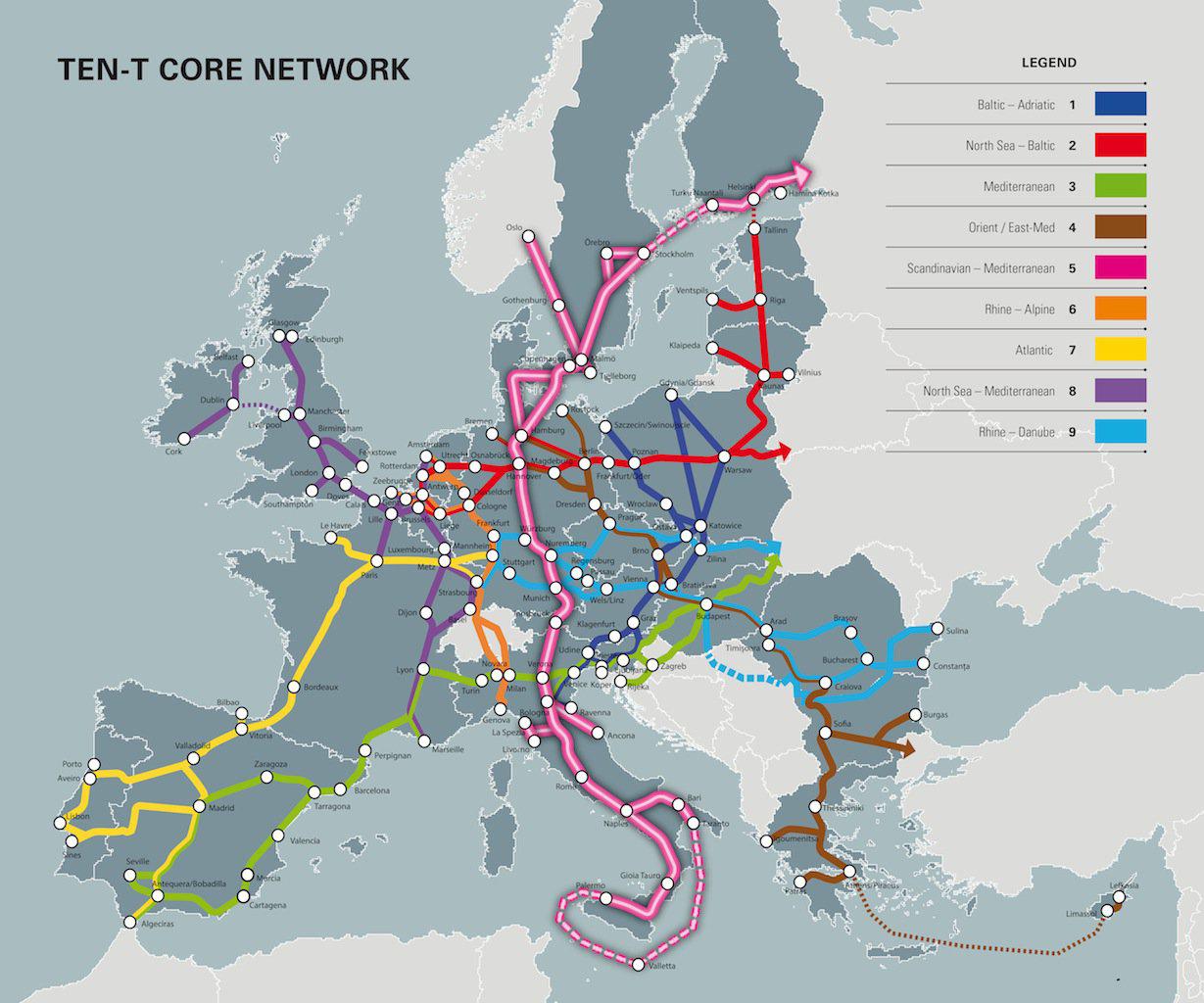 Mappa di attraversamento dell'Europa (progetto TEN-T)