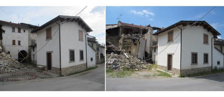 Fig. 7 Edificio 6 ed edifici limitrofi: post terremoto 24 agosto M 6.0 (sx) e post terremoto 30 ottobre M 6.5 Foto ©Consorzio Poroton®