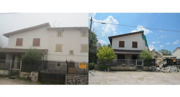 Fig. 8: Edificio 8 ed edificio adiacente: post terremoto 24 agosto M 6.0 (sx) e post terremoto 30 ottobre M 6.5 (dx). Foto © Consorzio POROTON®