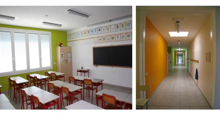 Fig.3: Viste interne del corpo aule in muratura armata POROTON® della scuola primaria di Mortizzuolo di Mirandola. Foto © Consorzio POROTON®