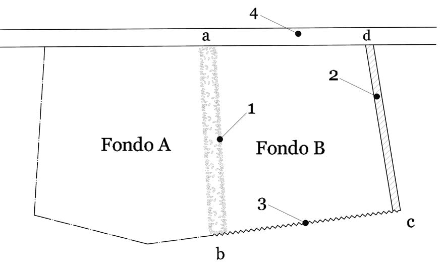 Rinuncia al diritto di comunione sulla siepe. Siccome il fondo di B è interamente recintato con muro (cd), filo spinato (bc) e fosso (ad), si presume che la siepe ab sia sua. Legenda: 1 = siepe tra fondo A e fondo B; 2 = muro del fondo B; 3 = filo spinato del fondo B; 4 = fosso confinante con i fondi A e B