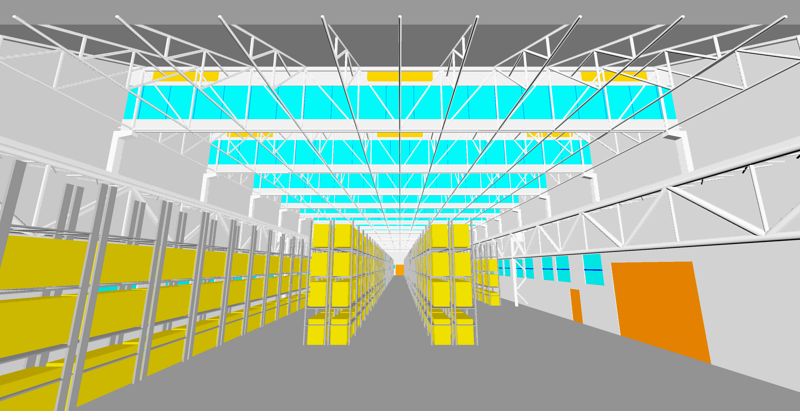 Figura 8. Modello geometrico 3D, vista interna con scaffali