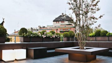 Arredare una terrazza con un tavolo fioriera che accoglie un albero