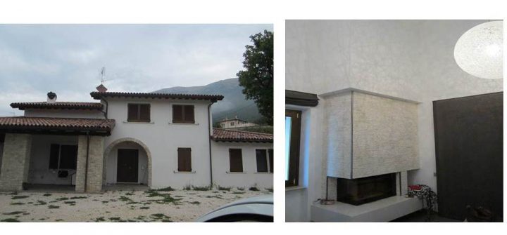 Fig. 5: Edificio 2 (post-terremoto 24 agosto M 6.0): vista esterna del fronte principale (sx) e dettaglio del caminetto nella zona giorno a doppia altezza (dx). Foto © Consorzio POROTON®