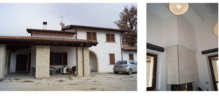 Fig. 8: Edificio 2 (post-terremoto 30 ottobre M 6.5): vista esterna del fronte principale (sx) e dettaglio del caminetto nella zona giorno a doppia altezza (dx). Foto © Consorzio POROTON®