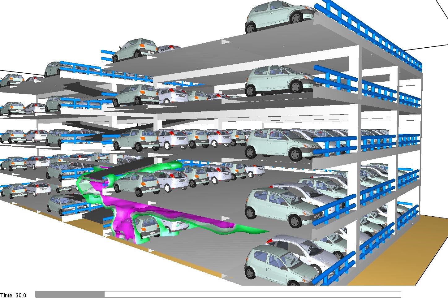 Figura 15. Scenario base, le isosuperfici della visibilità forniscono un'immagine della propagazione dei fumi dopo 30 secondi