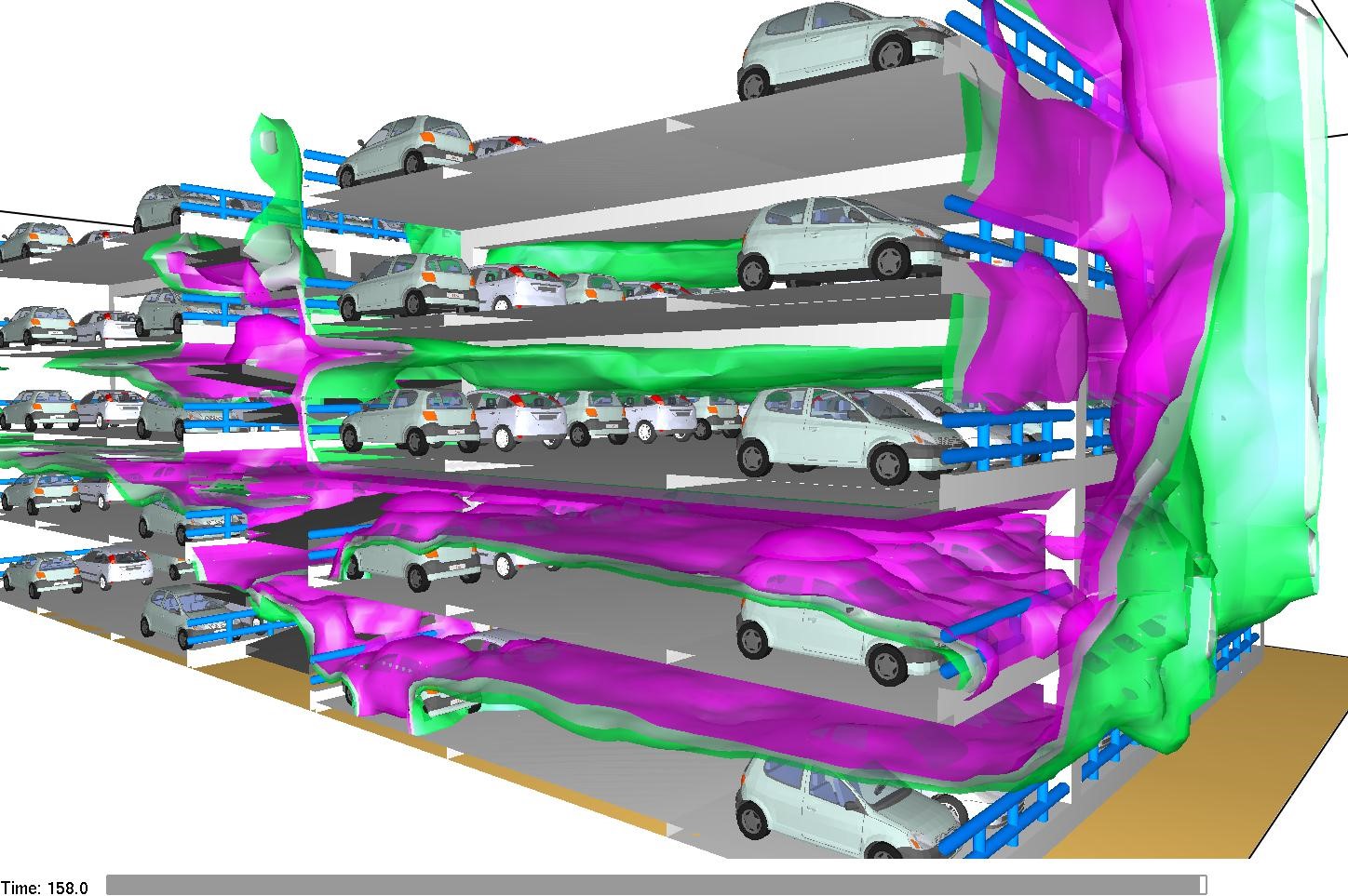 Figura 16. Scenario base, le isosuperfici della visibilità forniscono un'immagine della propagazione dei fumi dopo 158 secondi