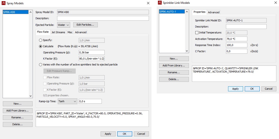 Figura 8. Impostazioni dell'impianto sprinkler in FDS